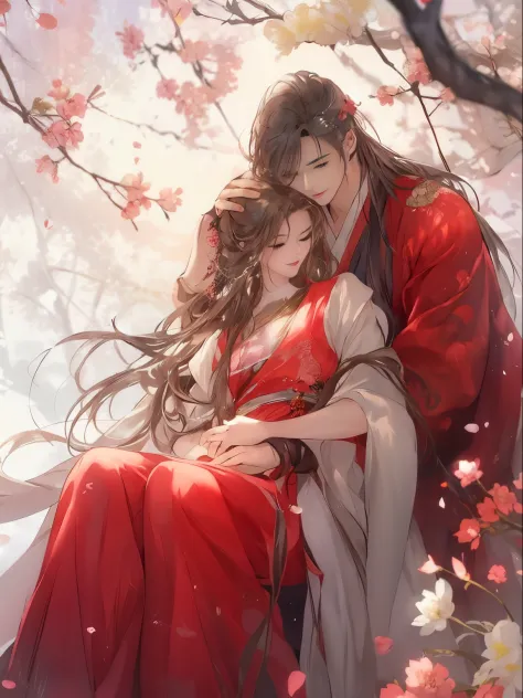 anime, couple, love, romance, cherry blossoms, romance, couple, love, couple, couple, couple, couple, couple, couple,, flowing h...