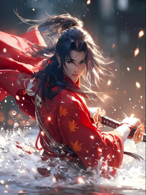 a close up of a person in a red outfit holding a sword, by Yang J, handsome guy in demon slayer art, by Victor Wang, inspired by...