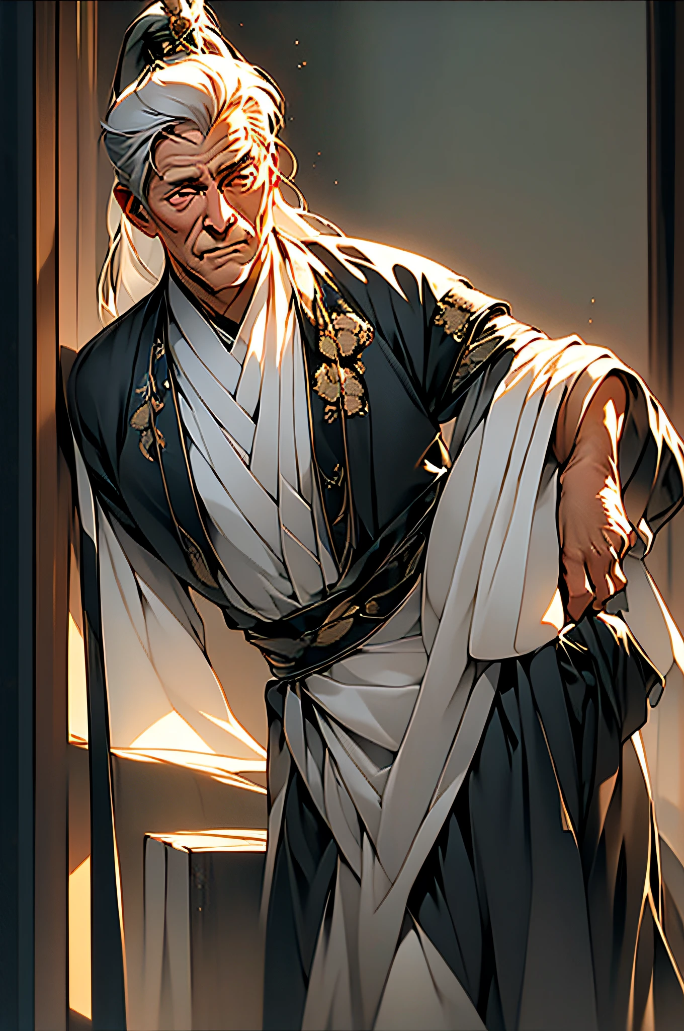 ein alter Mann，Senilität，（Häute），Falten，weißes Haar，altes chinesisches Kostüm，Schwarze Kleidung