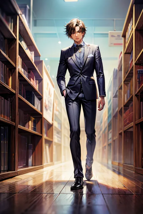 there is a man in a suit standing in a bookstore, hideaki anime year, hideaki year, hideki ano, inspired by yasushi sugiyama, ke...