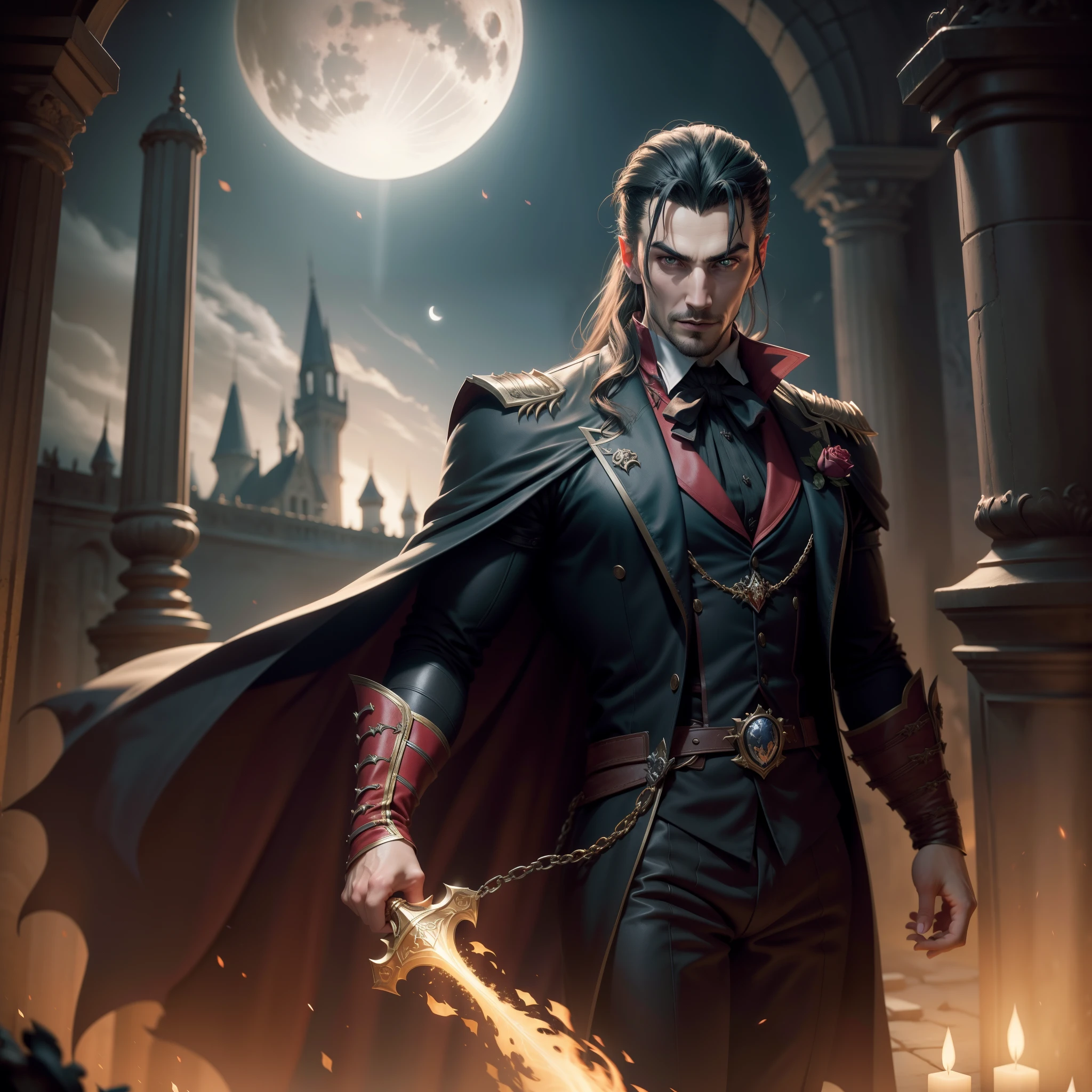 Una imagen realista de Drácula del señor de las sombras Castlevania, un campeón de medio batallón con varios soldados caídos sangrando con la luz de la luna reflejada y Drácula con una espada en mano y con una sonrisa sarcástica escena de obra maestra hiper realista súper detallada&#39;trabajo dinámico de la escena cinematográfica