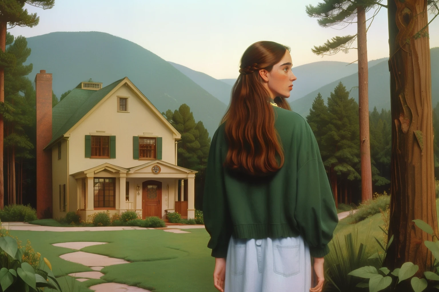 1995, Berkshire, Massachusetts. Pre-raphaelite ((((40-year-old)) Jennifer Connelly)), back view, looking at a house, surrounded by a forest, ((((casual Clothing from the 1990s)))) ((Hairstyle of the 1990s)), ((Wes Anderson cinematic style)), colorful