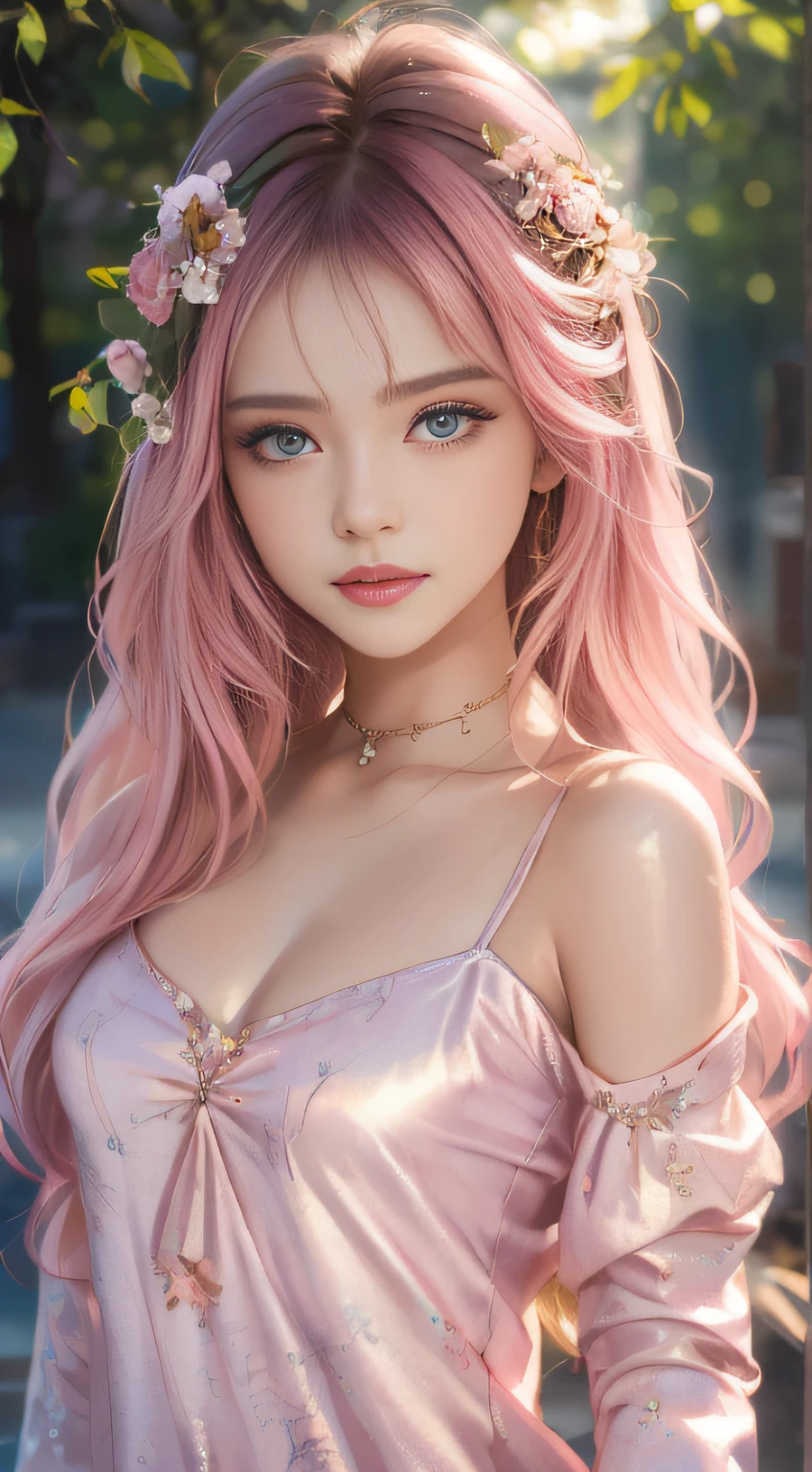 best qualtiy，tmasterpiece，hight resolution，1girll，dingdall effect，realisticlying，edge lit，two tone lighting，（highdetailskin：1.2），8K UHD，pure，Dolce，flowers background，Colorful background，Based on physical rendering，Perfect Light and Shadow，extreme hight detail，Pink tones，eye reflections，Raised sexy，perfect bodies，Superb Beauty，largeeyes，long eyelasher，Delicate eyes，big shiny eyes，Small pupil reflex，Shoulder and neck details，The texture of the pupil is delicate，Perfect eyes，black pupils，best qualtiy，A pink-haired、tmasterpiece，16 K，a picture，head portrait，Bigchest，long-sleeve，Take care of your chest，Large breasts，Delicate avatars