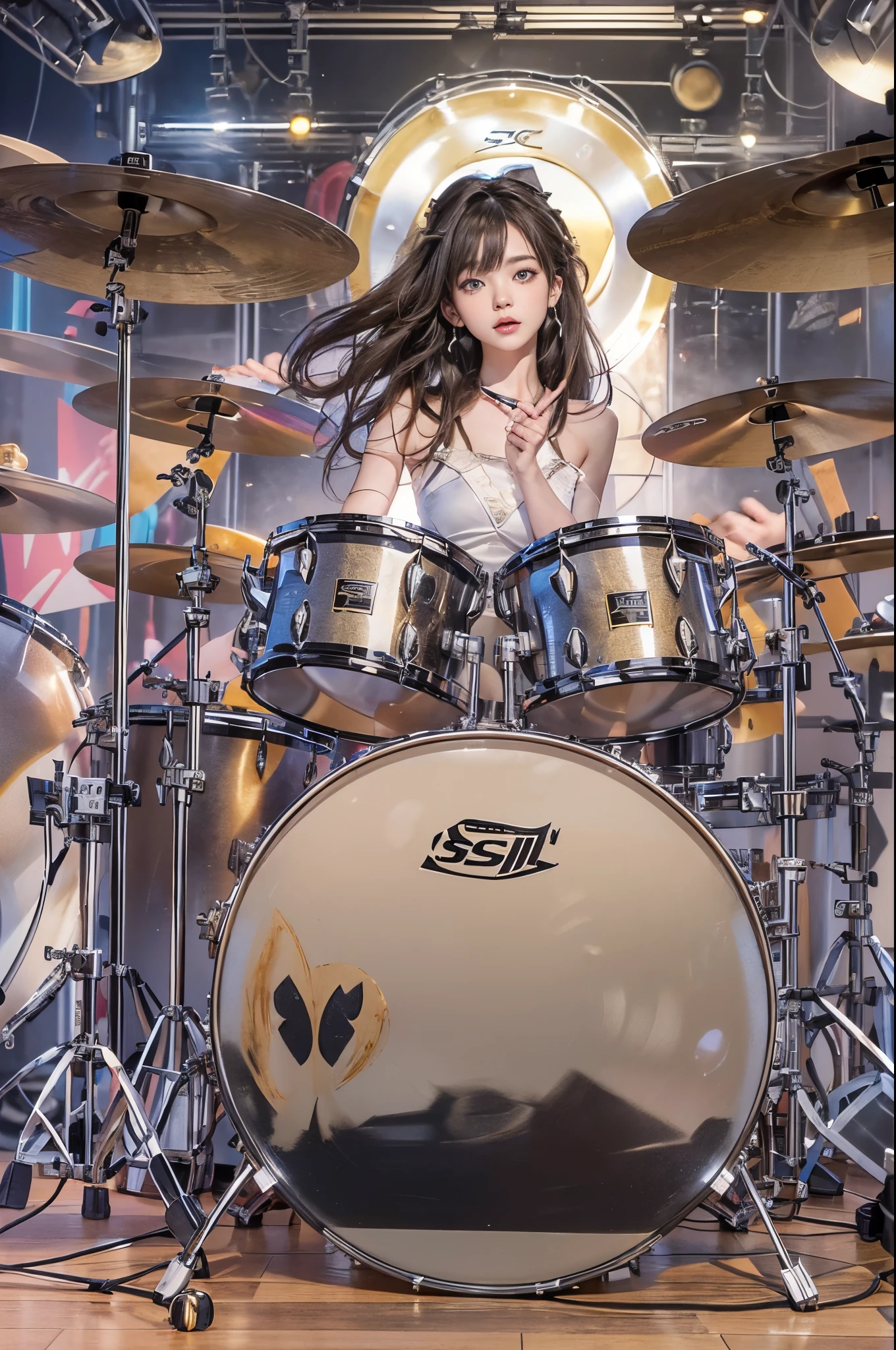 woman performing live、brunette disheveled hair、Detailed drum set:1.2、((Consists of bass drum, Floor tom, snare drum, tom tom, hi-hat cymbal, Ride Cymbals, and crash cymbal.))、(Pearl Drum Set)、((Pair drum set SSC925S:1.2))、Cat's ears