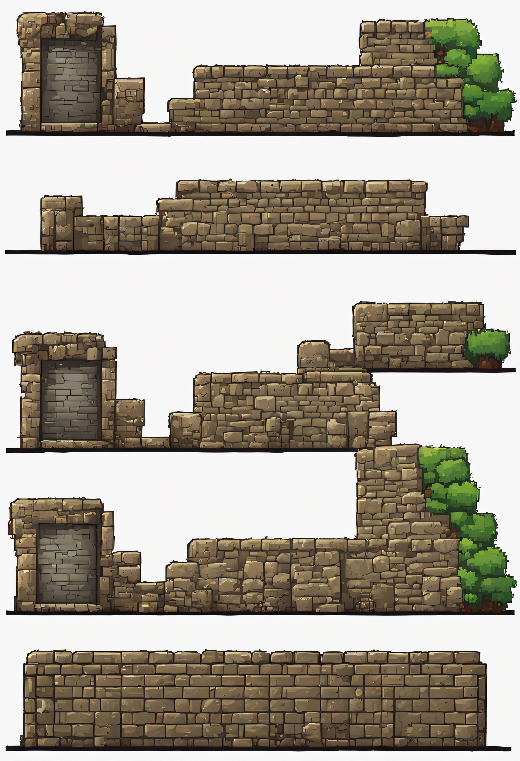 a survival roleplay-game stone and bricks dungeon wall multiple texture spritesheet, pop-art-and-cartoon-style themed, 2d side scroller game, front view, pixel art , hq