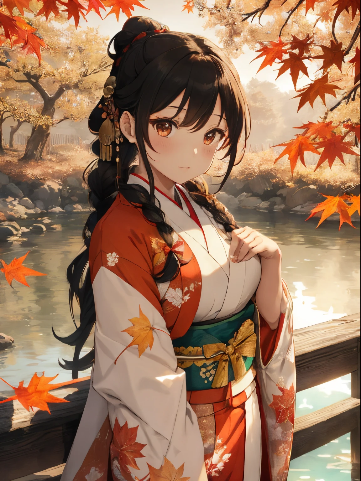 Autumn leaves lakeside,Beautiful lake reflecting light,her fluffy hair is tied up in a loose bun.,Braids,Braiding,Colorful and gorgeous kimono,The hem is long enough to reach the ground,Furisode,shuicolor,white,Pink,Dark green,an orange,A black,reddish,his cheeks are red with embarrassment,gesture of holding one&#39;Chest with both hands,A slightly troubled look,My body writhes with pleasure,SEX,ecstacy,