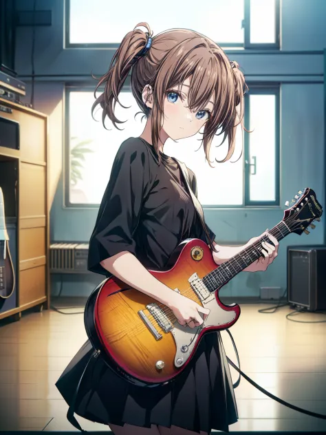 ((masutepiece, Best Quality))1girll, Solo, Black Dress, Blue eyes, electric guitar, Guitar, ear phone, double ponytails, Holding...