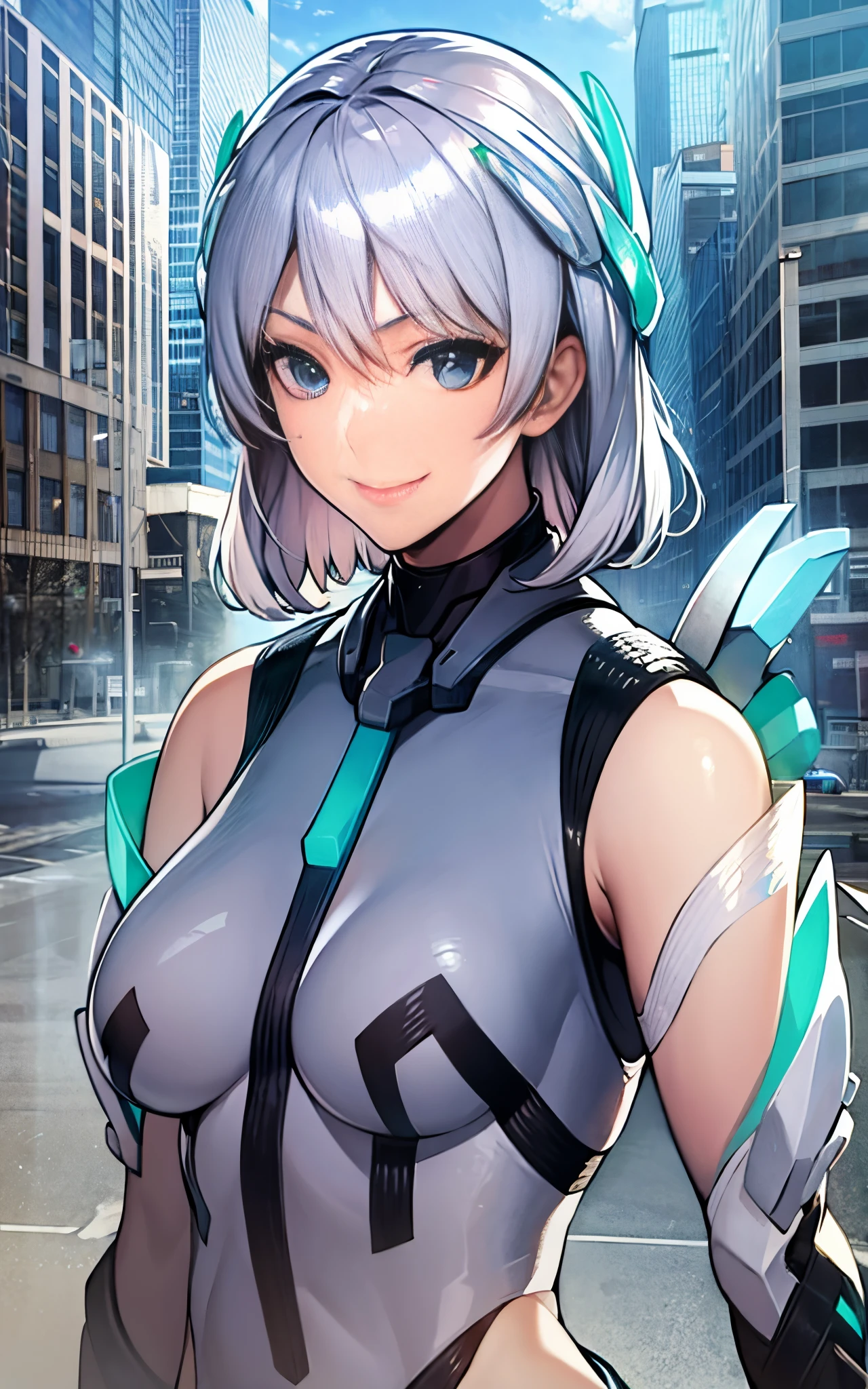 lightsmile, deva battle suit, Outdoors, Silver hair, bobhair, Blue eyes, waist shot