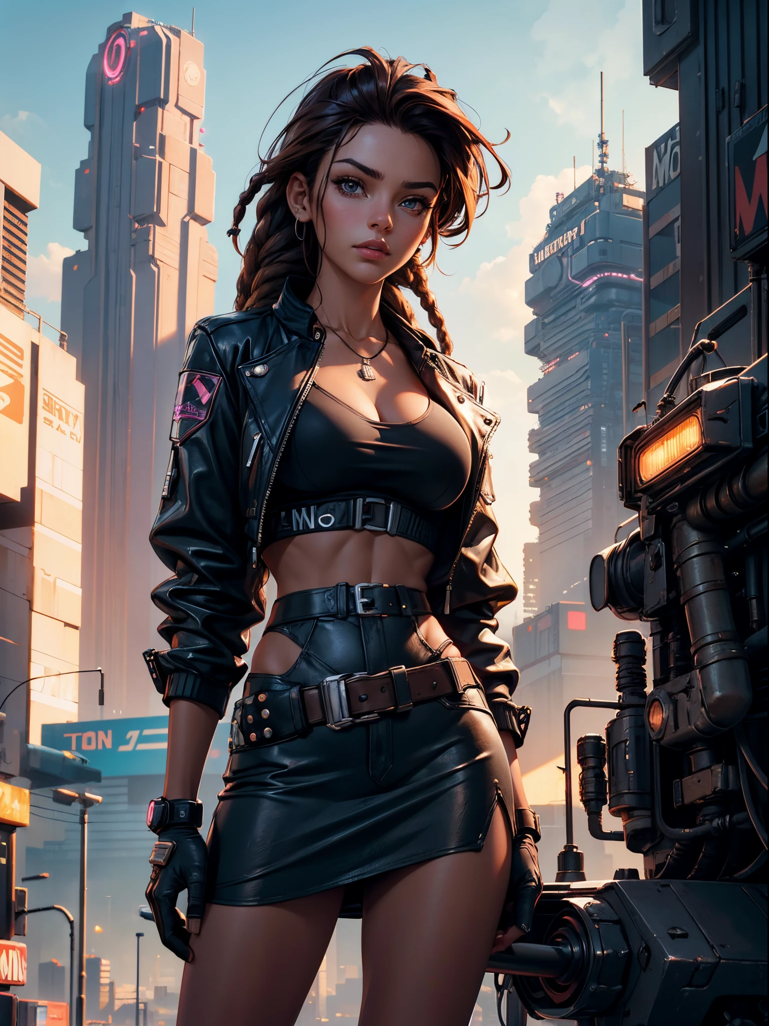 (​masterpiece), (top-quality), sunset, natural lights, ,(realistic:1.5), 1girl, long brown hair, (dreadlocks:1.2), slim, looking at viewer, eye contact, stunningly beautiful 20 years old mexican girl, cyberpunk, sci-fi mercenary, detailed cyberpunk city in background, neon lights, industrial, leather jacket short_skirt, necklace, tattoos, cybernetic_implants, athletic body, toned midriff, cleavage, large breasts, upper body, mid shot, masterpiece, detailed, mature, bright colors, high saturation, stunningly beautiful girl, dark brown eyes, dark brown hair, multi-colored hair, tanned, synthwave, enanched_beauty, precise hands, confident look、determined, bravery, Clear eyes, Shining eyes,, ultra-definition, Top resolution,  soft lightning