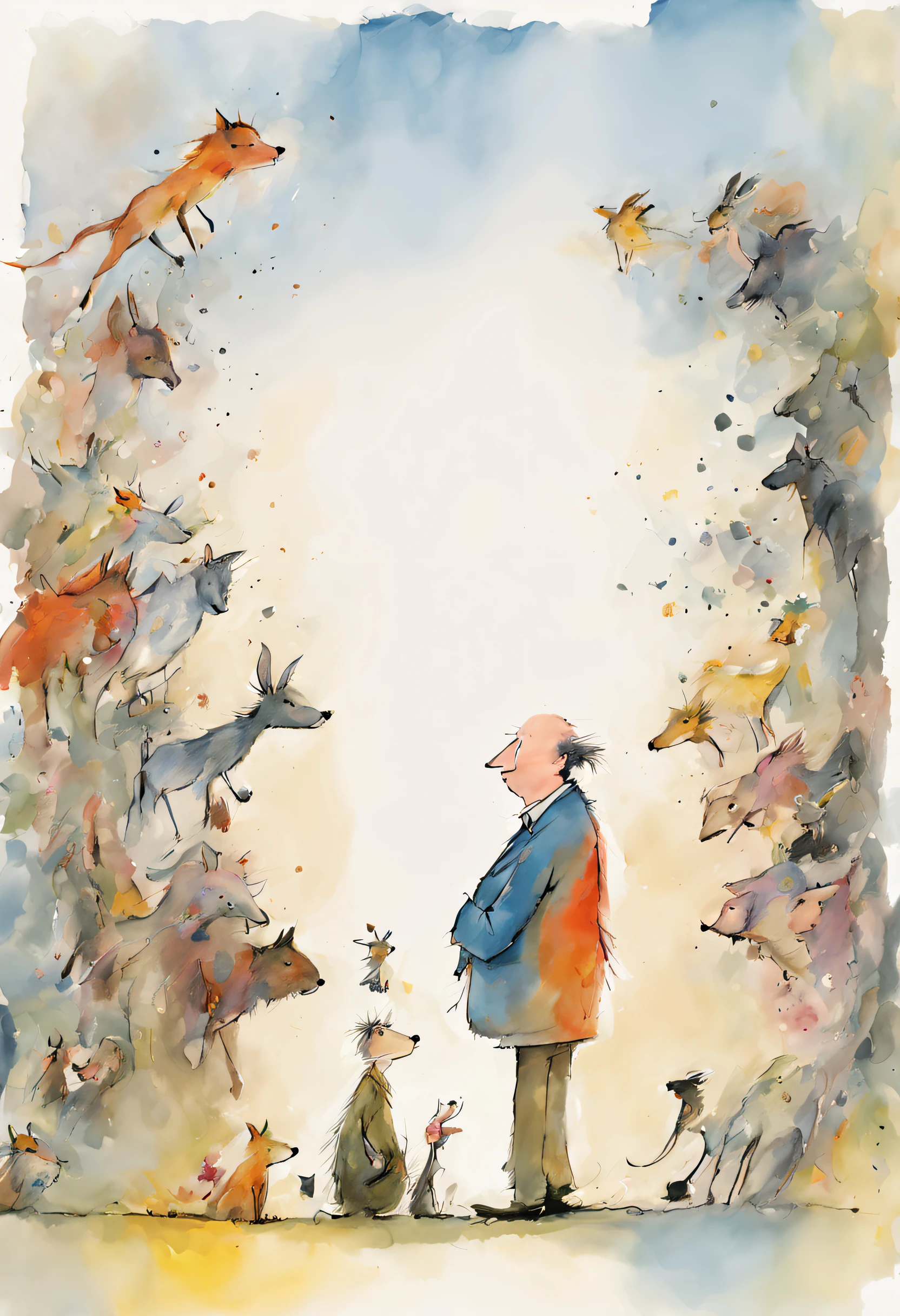 Quentin Blake 스타일 사진 、인간과 동물의 공존、초상화、최고 해상도、아름다운 대변、최고 품질、걸작、매우 상세한