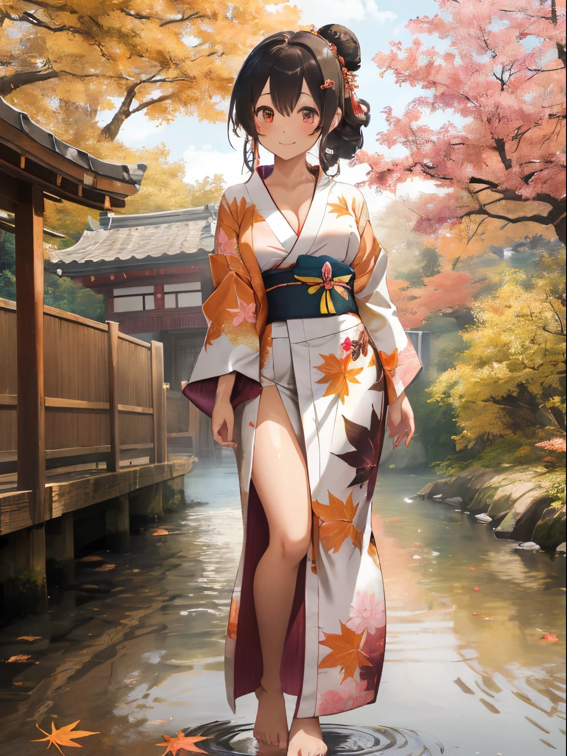 Autumn leaves lakeside,Beautiful lake reflecting light,her fluffy hair is tied up in a loose bun.,Braids,Braiding,Colorful and gorgeous kimono,The hem is long enough to reach the ground,Furisode,shuicolor,white,Pink,Dark green,an orange,A black,reddish,his cheeks are red with embarrassment,Disheveled kimono,It slides down to your shoulders and you can see your cleavage..,I partially flipped up the hem of the yukata.,, I can see your bare feet..,The hem of the kimono is long..,A slightly troubled look,My body writhes with pleasure,SEX,AHE Face,ecstacy,Smile on his face,I have white fluid on my chest,