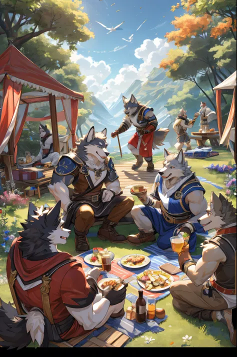dynamic pose, absurdres(highly detailed beautiful face and eyes)perfect anatomy, (ultra detailed), sharp focus, niji, eyesgod, black eye, furry, white beard, anthro (wolf), male, middle-aged, white belly, muscular, adventure costume, high quality illustrations, detailed background, picnic party, sitting on the ground, eating the food, group shot, 6+boys, Happy, joyful, (Photos taken with friends), (best quality), (masterpiece), high details, award winning, highres, HD, 16k