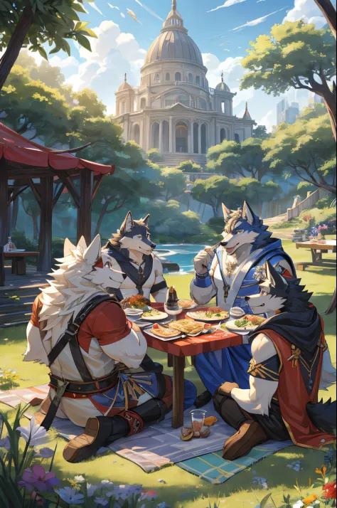 dynamic pose, absurdres(highly detailed beautiful face and eyes)perfect anatomy, (ultra detailed), sharp focus, niji, eyesgod, black eye, furry, white beard, anthro (wolf), male, middle-aged, white belly, muscular, adventure costume, high quality illustrations, detailed background, picnic party, sitting on the ground, eating the food, group shot, 6+boys, Happy, joyful, (Photos taken with friends), (best quality), (masterpiece), high details, award winning, highres, HD, 16k