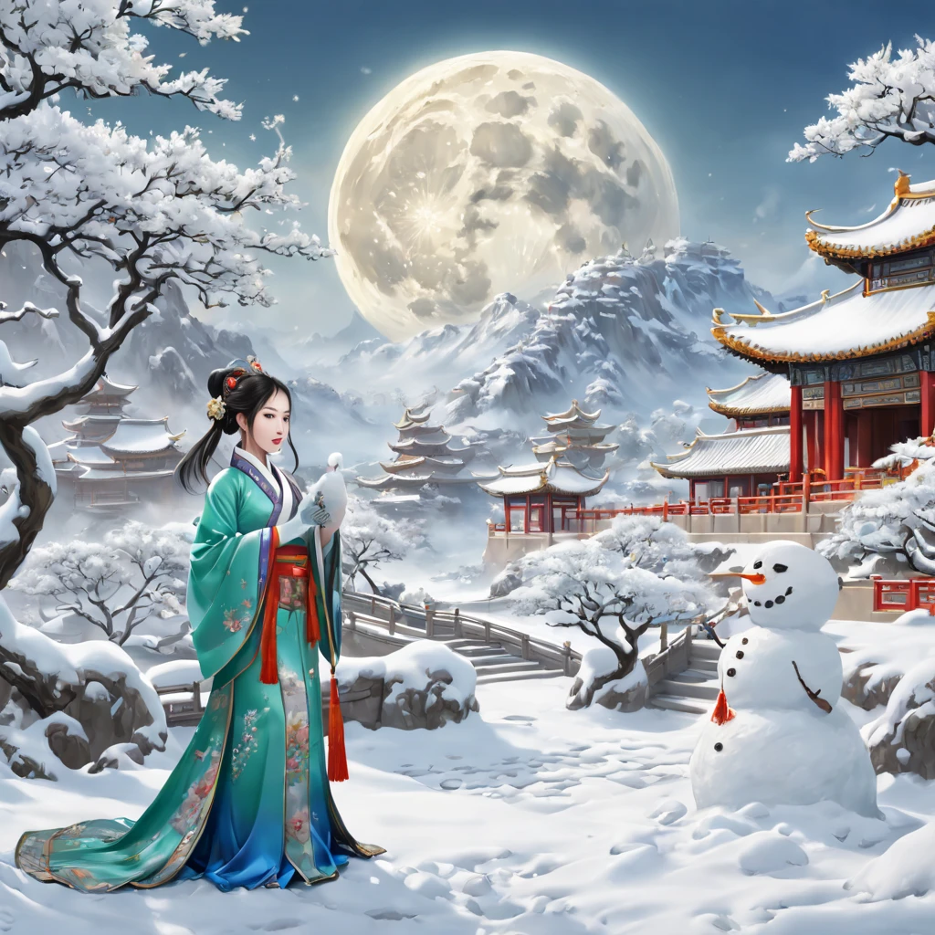 (Chinese Mythology Moon Palace Snow Scenery Draft:1.4),(对称:1.5),(tmasterpiece，A girl is playing with the Jade Rabbit，Kneel on the snow and build a snowman with your hands: 1.5, middle, Chinese elements)，(Snowman wearing an ancient Chinese official hat: 1.3),（China - chic illustration:1.2, Vector painting:1.2),(Chinese colors,senior color matching),(reasonable design, Clear lines, High sharpness,Best quality, Very detailed, tmasterpiece, offcial art, movie light effect), (concept-art, Ghibli-style colors, ultra-realistic realism, hyper HD, tmasterpiece, acurate, Anatomically correct, super detailing, Award-Awarded, Best quality at best, A high resolution, 8K，The picture is bright，globalillumination，high saturated)