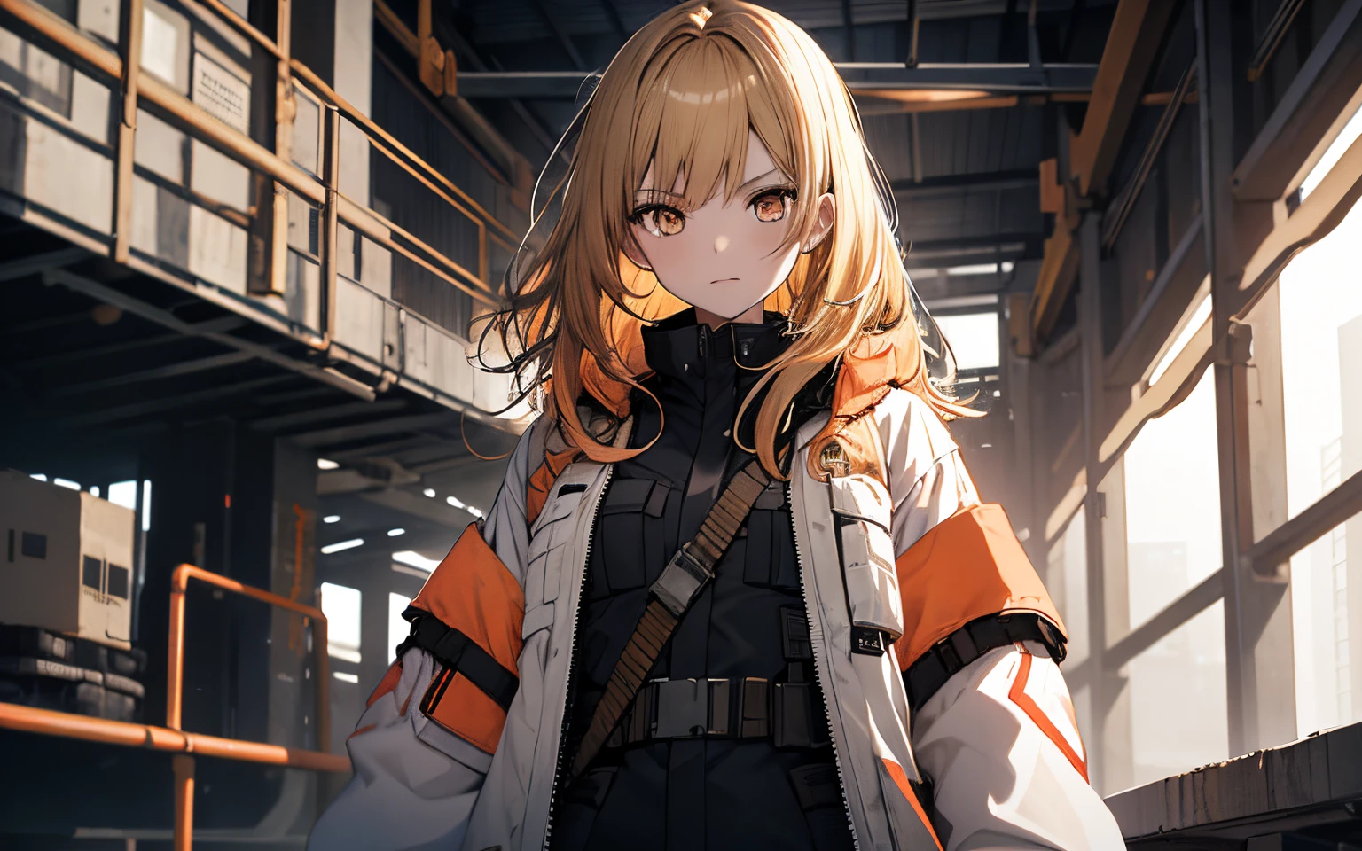 1 fille dans, Uniforme militaire blanc d&#39;une seule pièce, yeux orange foncé, cheveux blond,