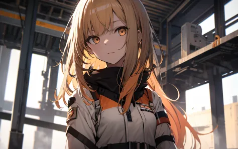 1 girl in, White one-piece military uniform, dark orange eyes, blonde hair,
