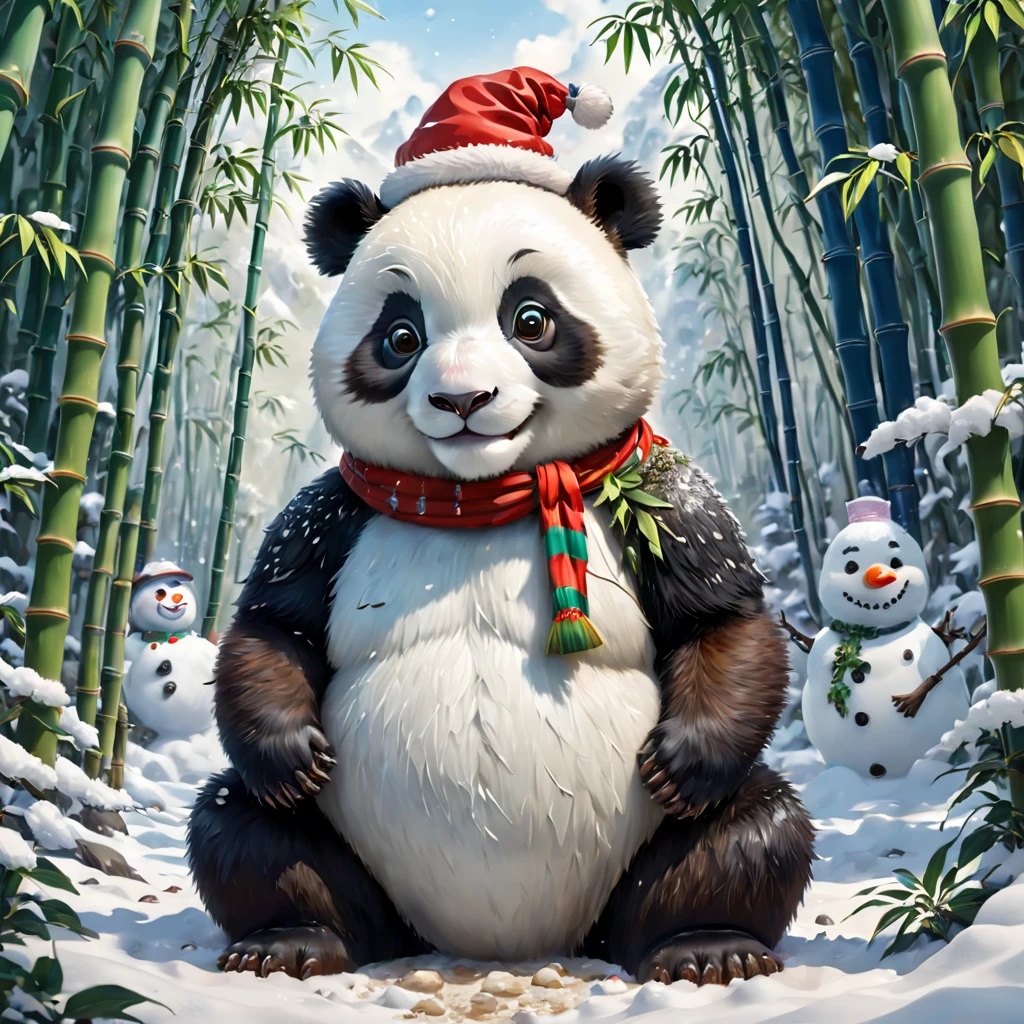 (White bamboo forest snow scene draft:1.4), (Symmetrical:1.3),(tmasterpiece, A naive and cute Chinese giant panda kneels on the snow and builds a snowman with his hands: 1.5, middle, European Christmas elements)，(Snowman wearing Christmas hat: 1.5),（China - chic illustration:1.2, Vector painting:1.2),(Chinese colors,Advanced RGB color matching),(reasonable design, Clear lines, High sharpness,Best quality, Very detailed, tmasterpiece, offcial art, movie light effect), (concept-art, Ghibli-style colors, ultra-realistic realism, hyper HD, tmasterpiece, acurate, Anatomically correct, super detailing, Award-Awarded, Best quality at best, A high resolution, 8K，The picture is bright，globalillumination，high saturated)