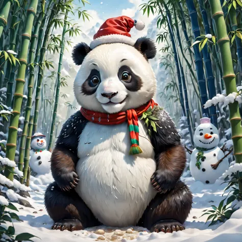 (White bamboo forest snow scene draft:1.4), (Symmetrical:1.3),(tmasterpiece, A naive and cute Chinese giant panda kneels on the ...