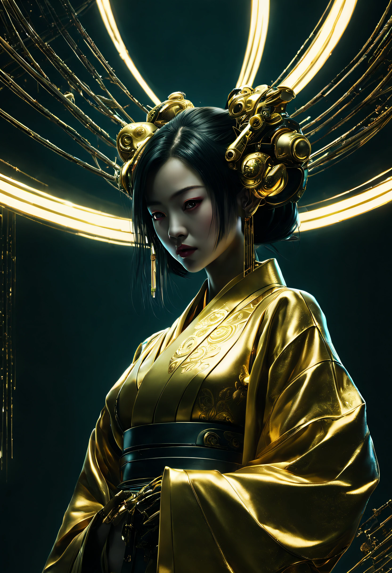 (Cyberpunk style), Eine japanische Dame,Kimono, der in Gold glänzt, __chiron/generisch__, Neonlicht, Amoklauf, kybernetische Verbesserungen, futuristisch, Science-Fiction, Science-Fiction, episch, essen, Ein riesiger Mond am Himmel, Metall, Drähte, tech, futuristisch, sehr detailliert