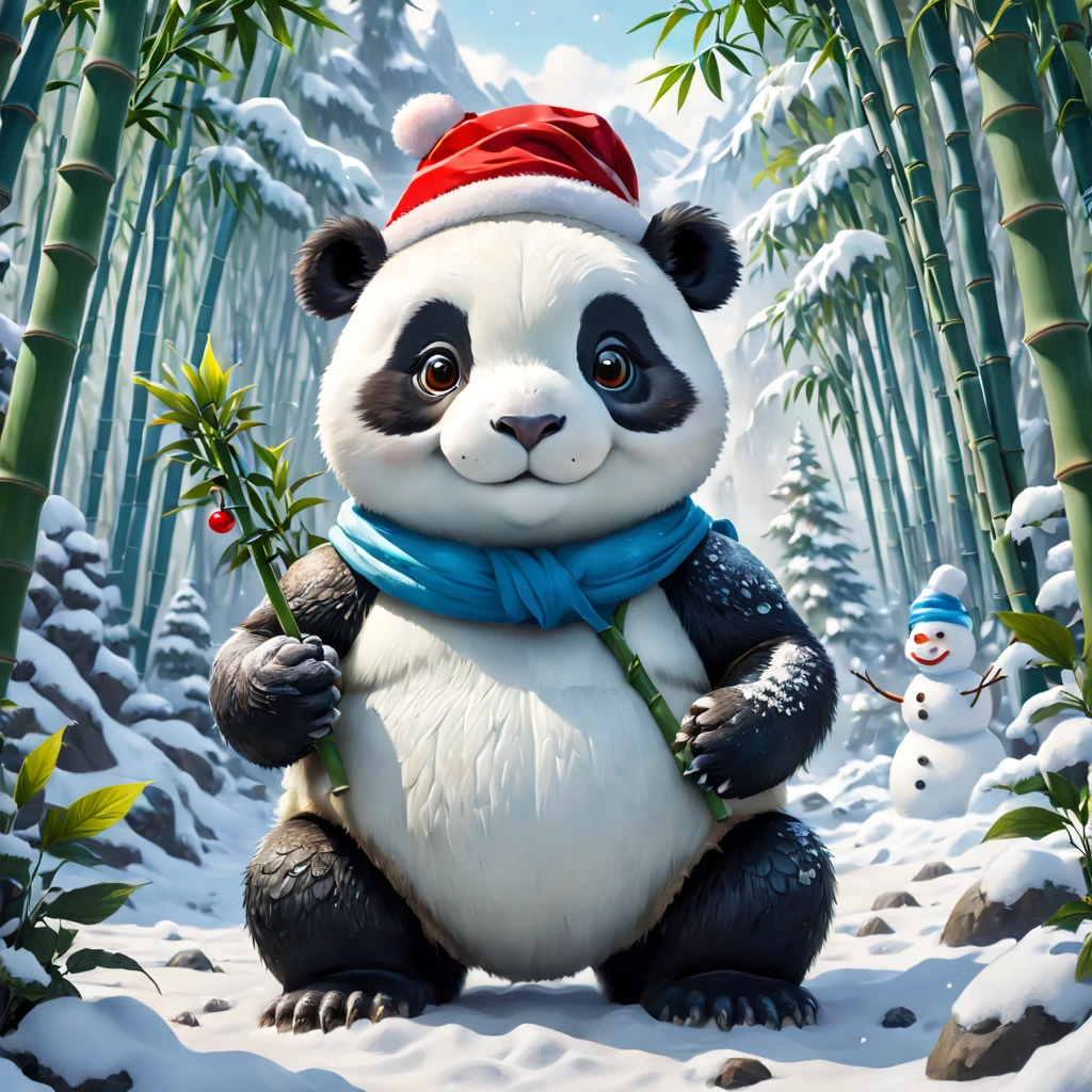 (White bamboo forest snow scene draft:1.4), (Symmetrical:1.3),(anthropomorphic turtle: 1.2, A naive and cute Chinese giant panda kneels on the snow and builds a snowman with his hands: 1.5, middle, European Christmas elements)，(Snowman wearing Christmas hat: 1.5),（China - chic illustration:1.2, Vector painting:1.2),(Chinese colors,Advanced RGB color matching),(reasonable design, Clear lines, High sharpness,Best quality, Very detailed, tmasterpiece, offcial art, movie light effect), (concept-art, Ghibli-style colors, ultra-realistic realism, hyper HD, tmasterpiece, acurate, Anatomically correct, super detailing, Award-Awarded, Best quality at best, A high resolution, 8K，The picture is bright，globalillumination，high saturated)