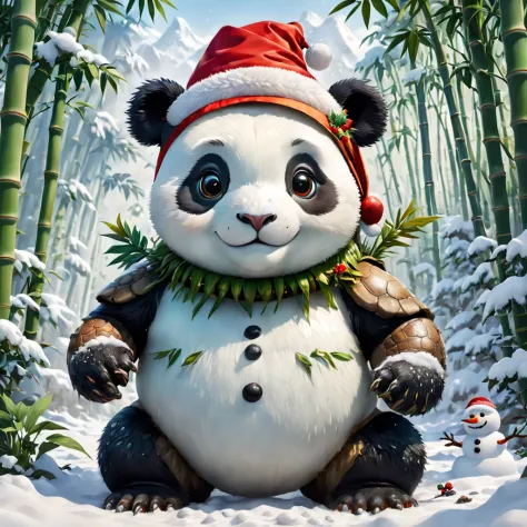 (White bamboo forest snow scene draft:1.4), (Symmetrical:1.3),(anthropomorphic turtle: 1.2, A naive and cute Chinese giant panda...