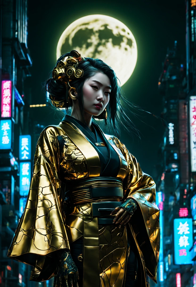 (Cyberpunk style), A Japanese Lady,Kimono that shines in gold, __quiron/generic__, Neon light, rampage, cybernetic enhancements, Futuristic, scifi, Science fiction, epicd, AI, A huge moon in the sky, Metal, wires, tech, Futuristic, Highly detailed