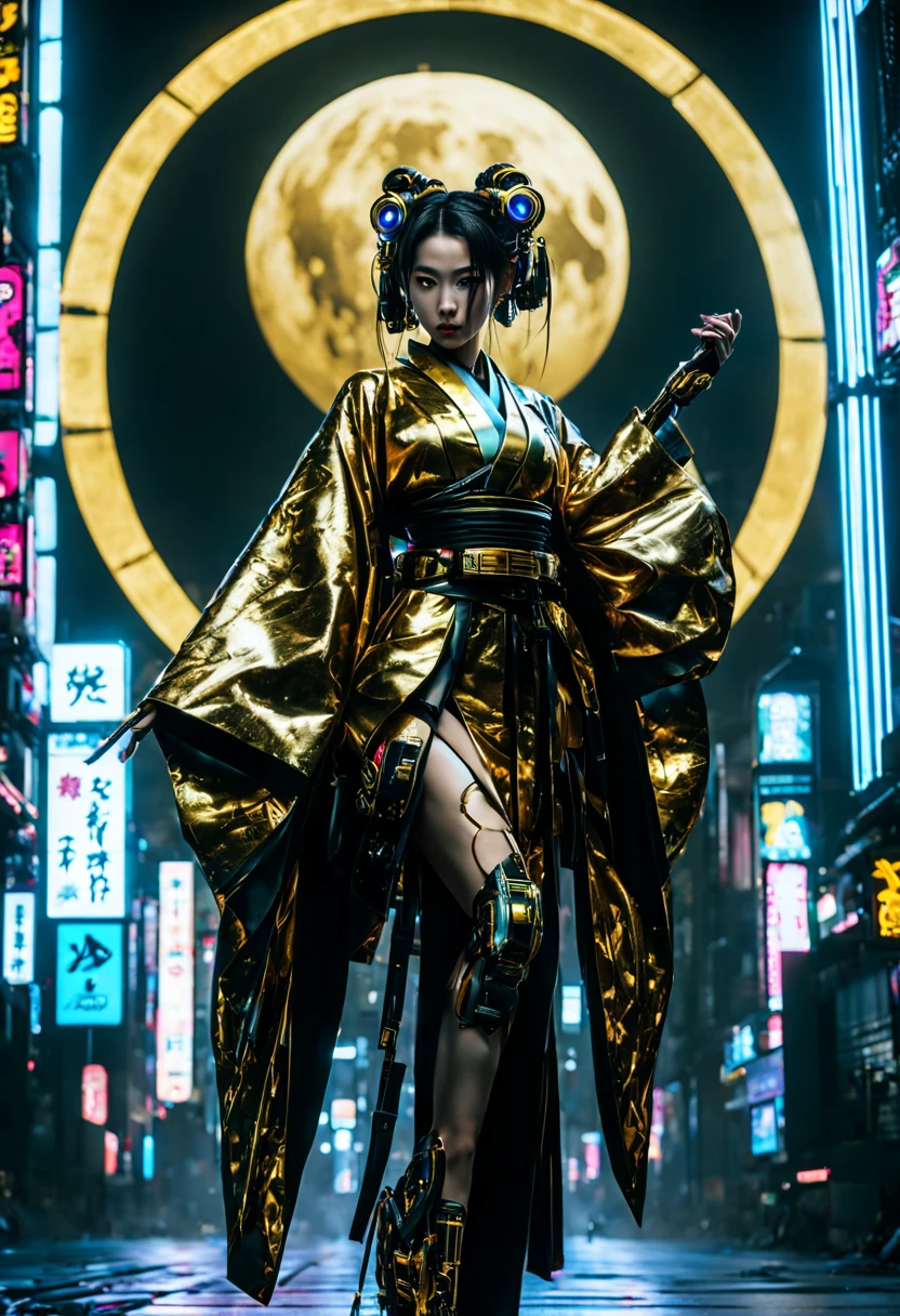 (Cyberpunk style), A Japanese Lady,Kimono that shines in gold, __quiron/generic__, Neon light, rampage, cybernetic enhancements, Futuristic, scifi, Science fiction, epicd, AI, A huge moon in the sky, Metal, wires, tech, Futuristic, Highly detailed