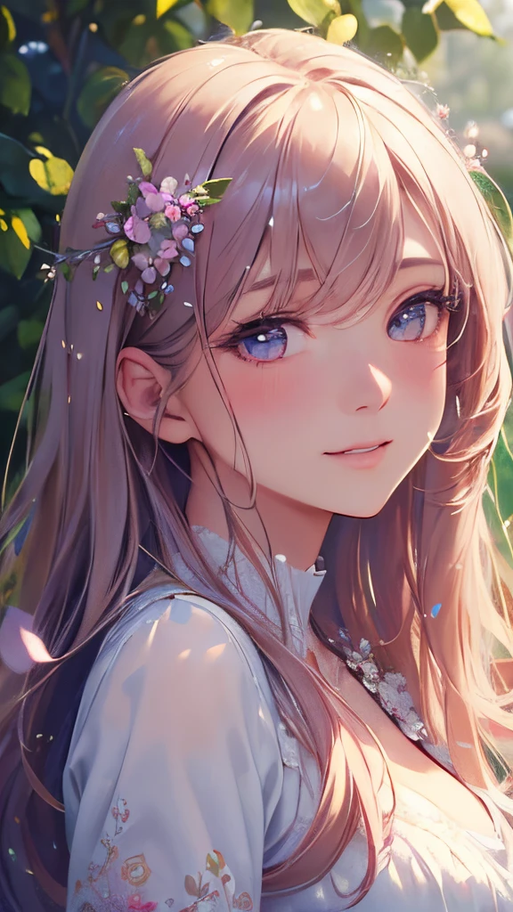 (best quality, masterpiece:1.2), ultra-detailed, (realistic, photorealistic, photo-realistic:1.37), 1 girl, vacant gaze, ethereal smile, medium, blushing, detailed hair strands, delicate flowers, soft natural lighting, vibrant colors