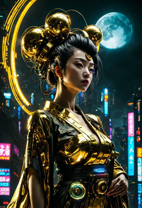 (cyberpunk style), a japanese lady,kimono that shines in gold, __quiron/generic__, neon light, rampage, cybernetic enhancements,...