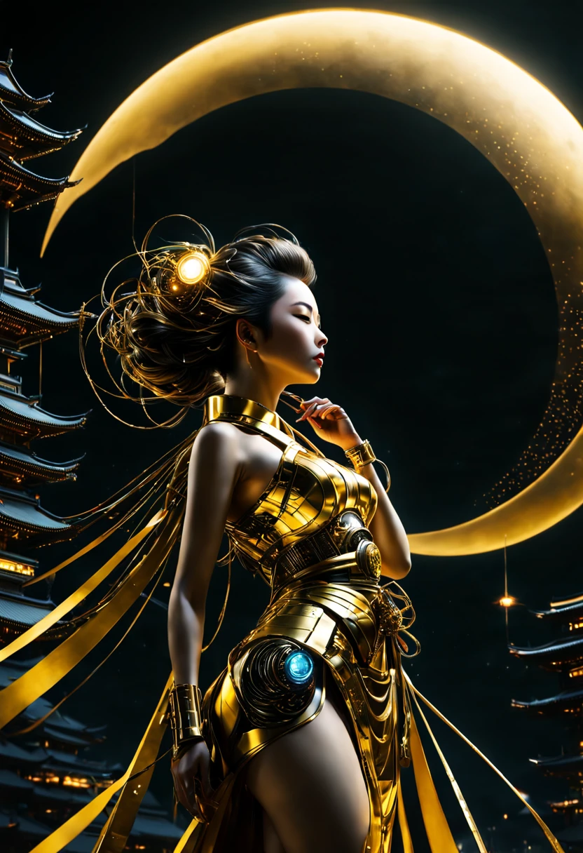 A Japanese Lady,Kimono that shines in gold, __quiron/generic__, Neon light, rampage, cybernetic enhancements, Futuristic, scifi, Science fiction, epicd, A huge moon in the sky, Metal, wires, tech, Futuristic, Highly detailed