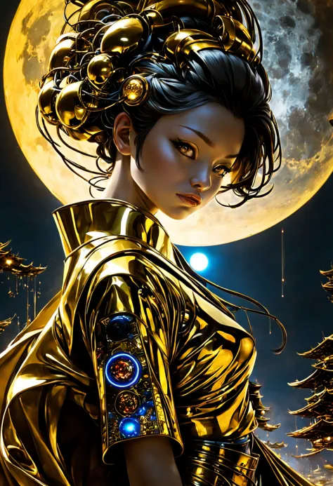 a japanese lady,kimono that shines in gold, __quiron/generic__, neon light, rampage, cybernetic enhancements, futuristic, scifi,...