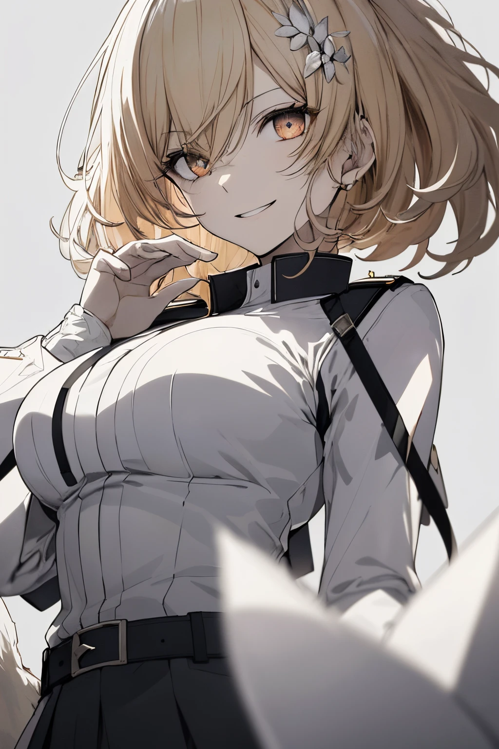 (Super Sexy Pose:1.2), (from below looking up:1.2), 1 girl in, Full body, White one-piece military uniform, (masutepiece:1.2, Best Quality), (finely detailed beautiful eye: 1.2), (beautifull detailed face), High contrast, (Best Illumination, extremely delicate and beautiful), ((Cinematic Light)), Dramatic light, Intricate details, dark orange eyes, Undersized boobs, Belt under , White military uniform, White skirt,blonde  hair, Black tie,  (Pale white background:1.5), Wolf cut hair, accurate hands, Look at me and smile, ruddy skin