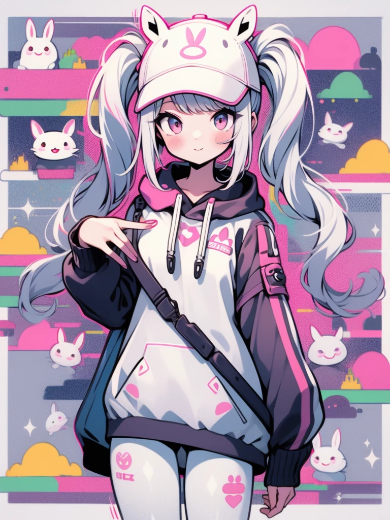 Alice Bunny、parka、Hats、White leggings、floating hair ornament、hightquality、Colorful color palette、high-level image quality、Kawaii Girl、Unprecedented amount of drawing、anime styled、Geometric pattern background、front facing、sticker style