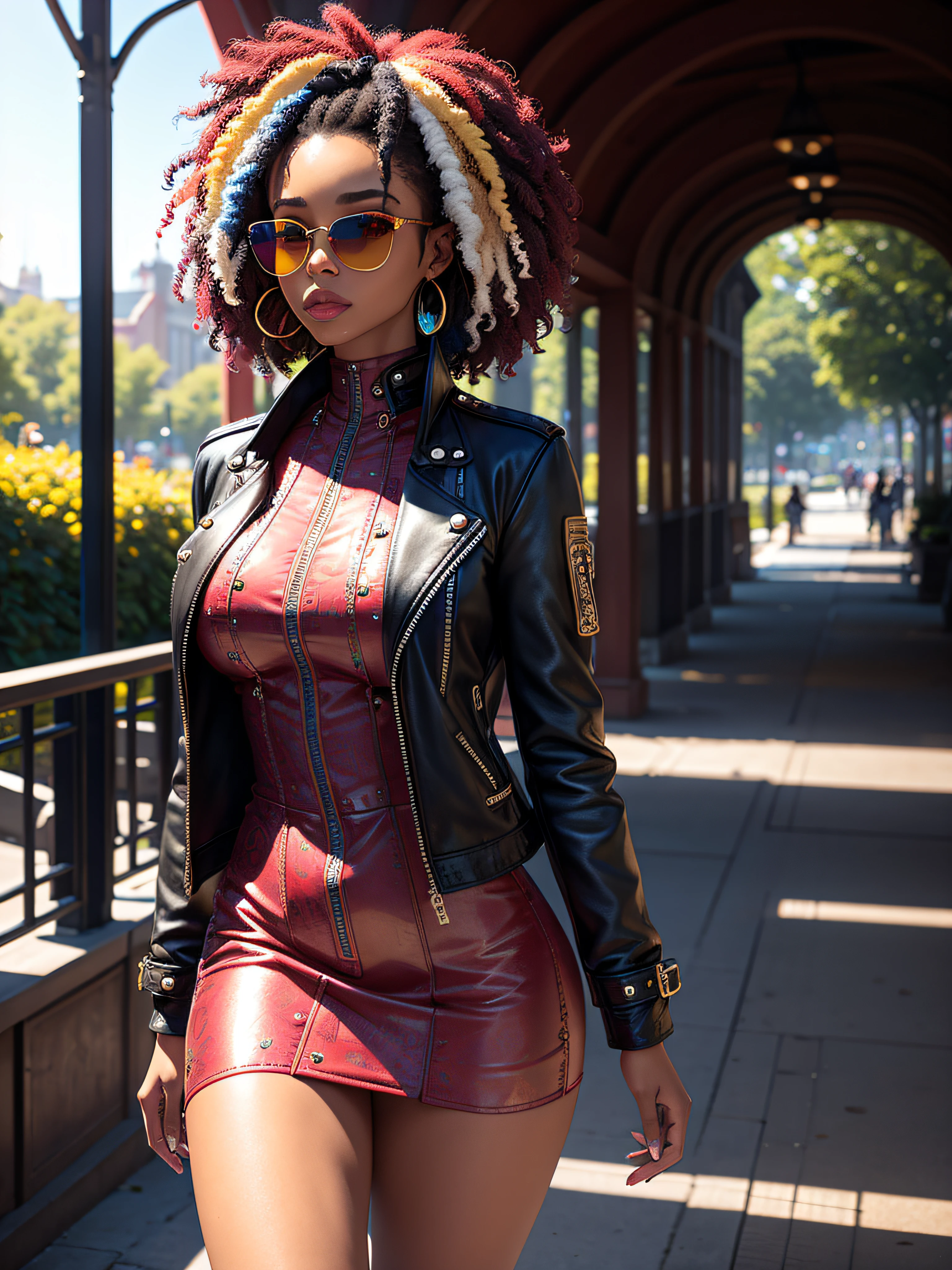 photo-realistic, ultra realisic, ....3d, Artstation, cgsociety, 8K, Award-winning photo of a beautiful woman, walking at the park, (moda), (multi-colored hair: 1.2), cheekbones, detailized face, Jewelled, Beautiful long leather jacket , Beautiful dress, (Exquisitely detailed skin, perfect anatomy, wide thighs), Multi-colored sunglasses, Bright