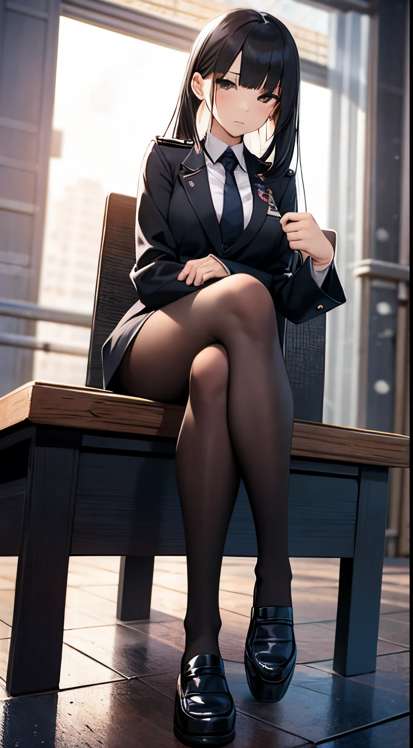 A female Japanese high school student in uniform wearing black pantyhose and loafers is sitting with her legs crossed. legs looming over you, detailed legs towering over you, with a scornful glance, portrait of person