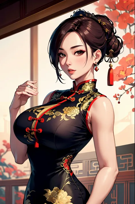 a  Chinese woman wearing a cheongsam,
(((masterpiece))), ((best quality)), ((intricate detailed)), ((Hyperrealistic)), absurd re...