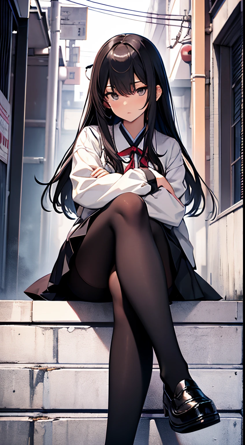 Anime girl sitting on steps with her arms crossed - SeaArt AI