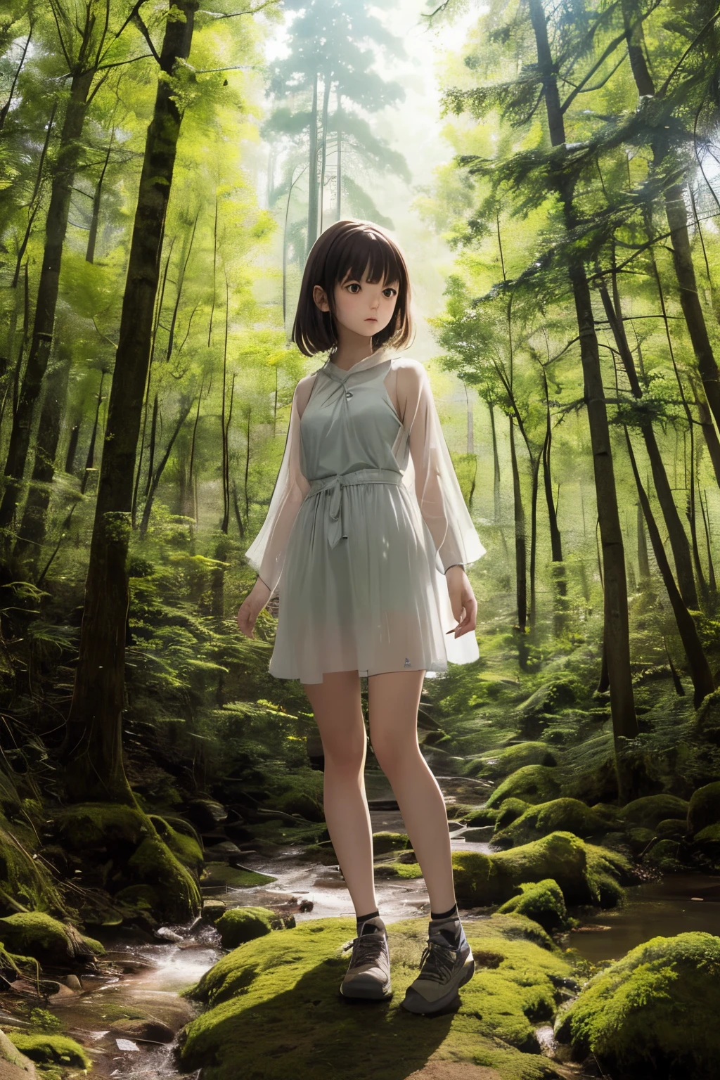 one girls、hiking、Full-bodied angle、(Best Quality,hight resolution),Pattern,very small individual forest,transparent white background,Delicate colors,watercolor paiting、one girls、hiking、Full Body Angle
