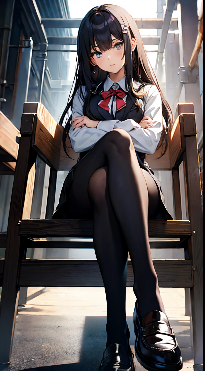 فتاة في المدرسة الثانوية اليابانية ترتدي زيًا رسميًا ترتدي جوارب طويلة سوداء وأحذية بدون كعب تجلس وساقاها متقاطعتان. الساقين تأتي نحوك, أرجل مفصلة شاهقة فوقك, بنظرة ازدراء, صورة لشخص