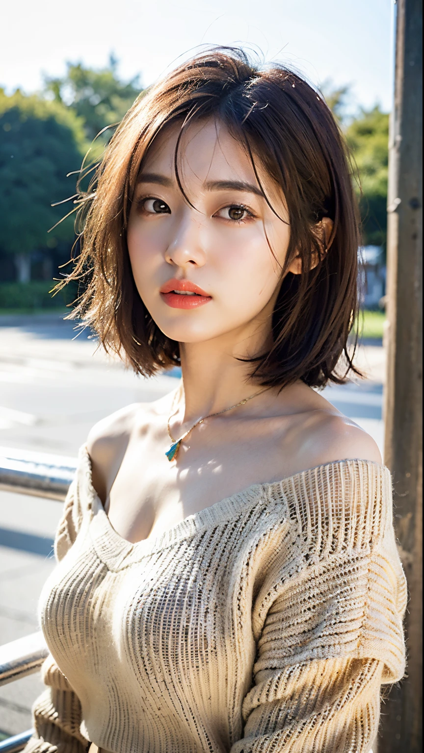 (Best Quality, 8k, 32k, Masterpiece, UHD: 1.2), Cute Japan Woman Picture, Big Breasts, Very Short Bob Hair, Upper Body, Face Focus, oversized_sweater, Necklace, Simple Background, From Above Look at the Viewer, Beige Off-Shoulder Knit, Openwork Knit, Big, Tousled Hair, Saiyang, Backlit, Xiyang Leaking Through Hair, Single, Tokyo Tower