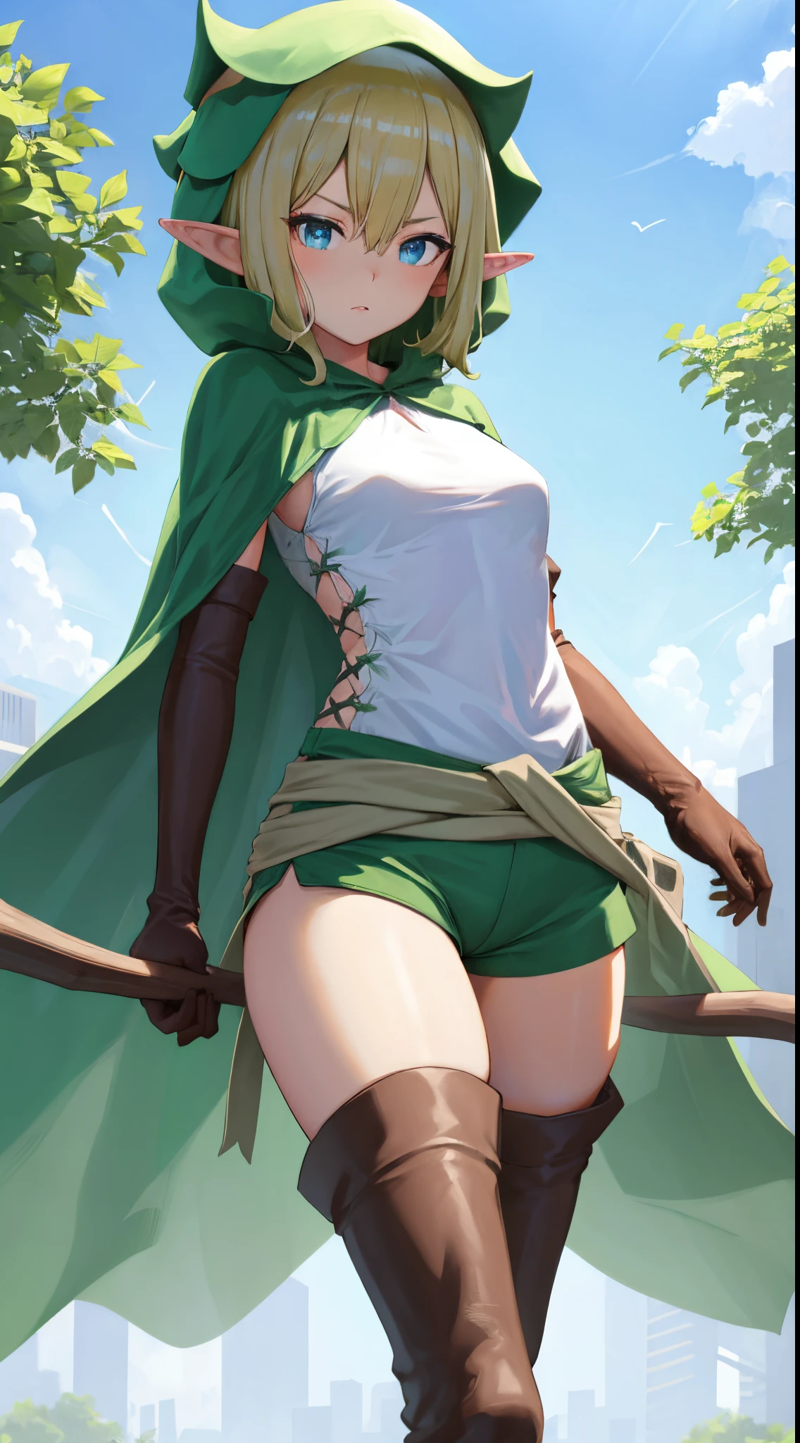 A woman in a green cape and boots is holding a stick - SeaArt AI