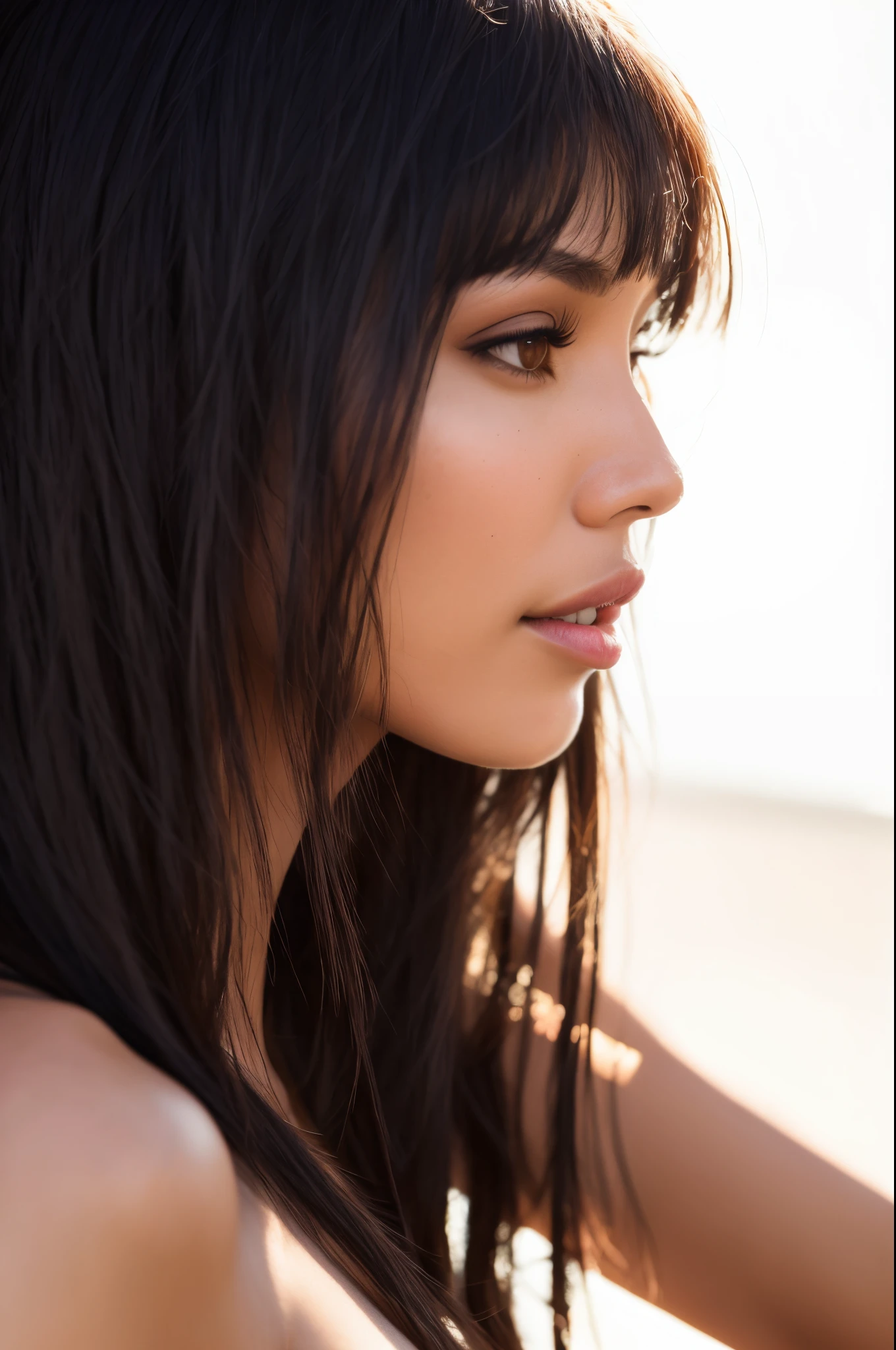 A close up of a woman with long hair and a white shirt - SeaArt AI