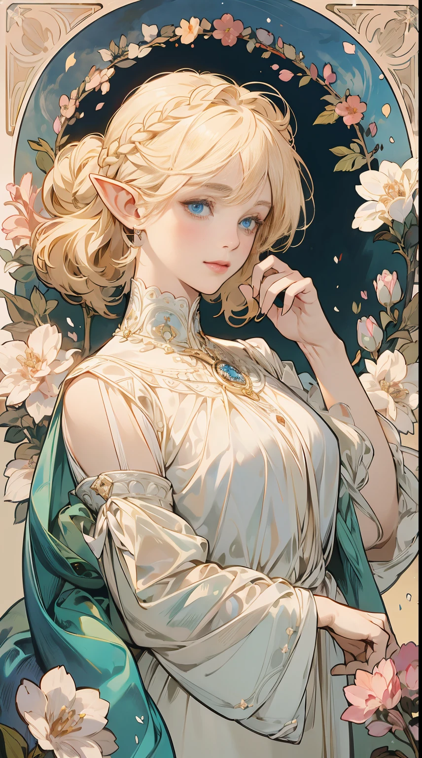 (masterpiece), best quality, ultra-detailed, illustration, detailed light, an extremely delicate and beautiful elf girl, deep blue eyes, light smile, (from front), (face focus), hands together, an aerial garden where flowers are in full bloom, petals dance, nice hands, perfect hands, (from above), asymmetrical bangs:1.3, artoria style Braid Bun, short hair, white blonde hair, E-Cup:1.2, highly detailed face and eyes. By Alphonse mucha.