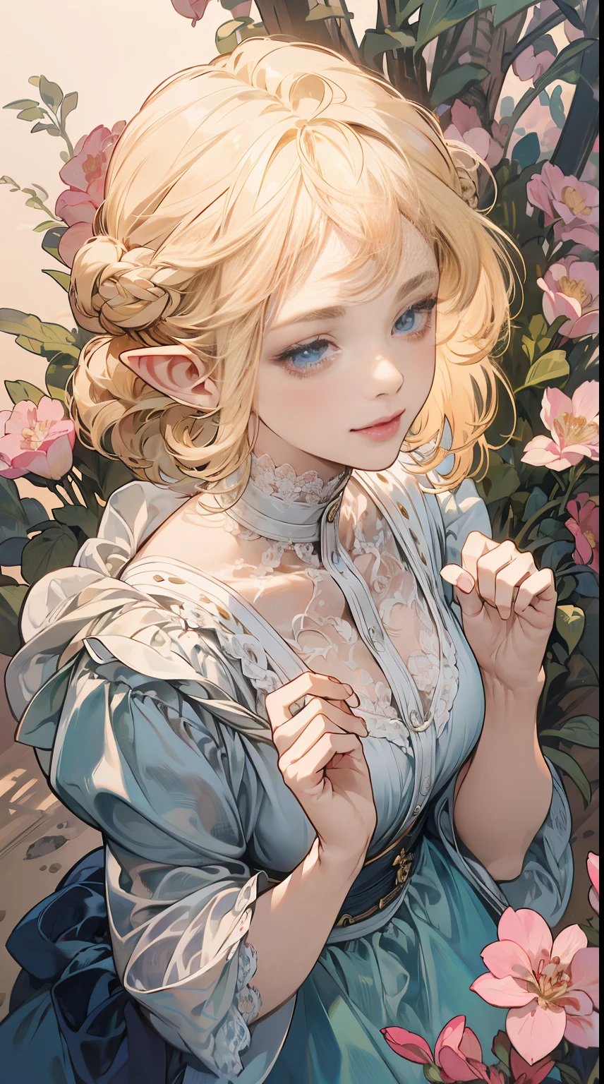 (masterpiece), best quality, ultra-detailed, illustration, detailed light, an extremely delicate and beautiful elf girl, deep blue eyes, light smile, (from front), (face focus), hands together, an aerial garden where flowers are in full bloom, petals dance, (nice hands), (perfect hands), (from above:1.2), (asymmetrical bangs:1.2), (artoria style Braid Bun), short hair, white blonde hair, (Bereast E-Cup:1.2), highly detailed face and eyes. By Alphonse mucha.