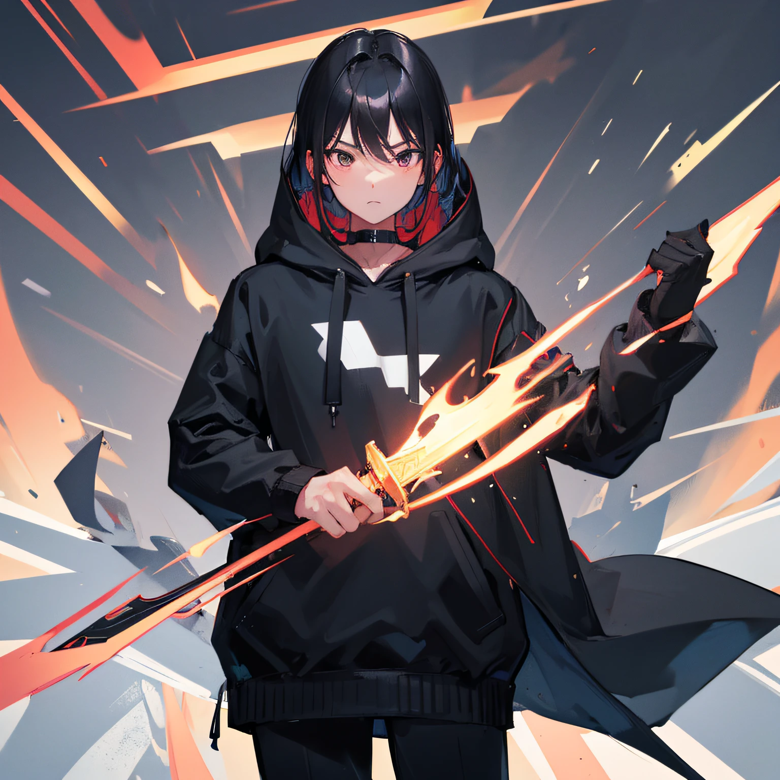 high qulity，8K black hair man wearing a black coat amd black hoodie holding a black sword