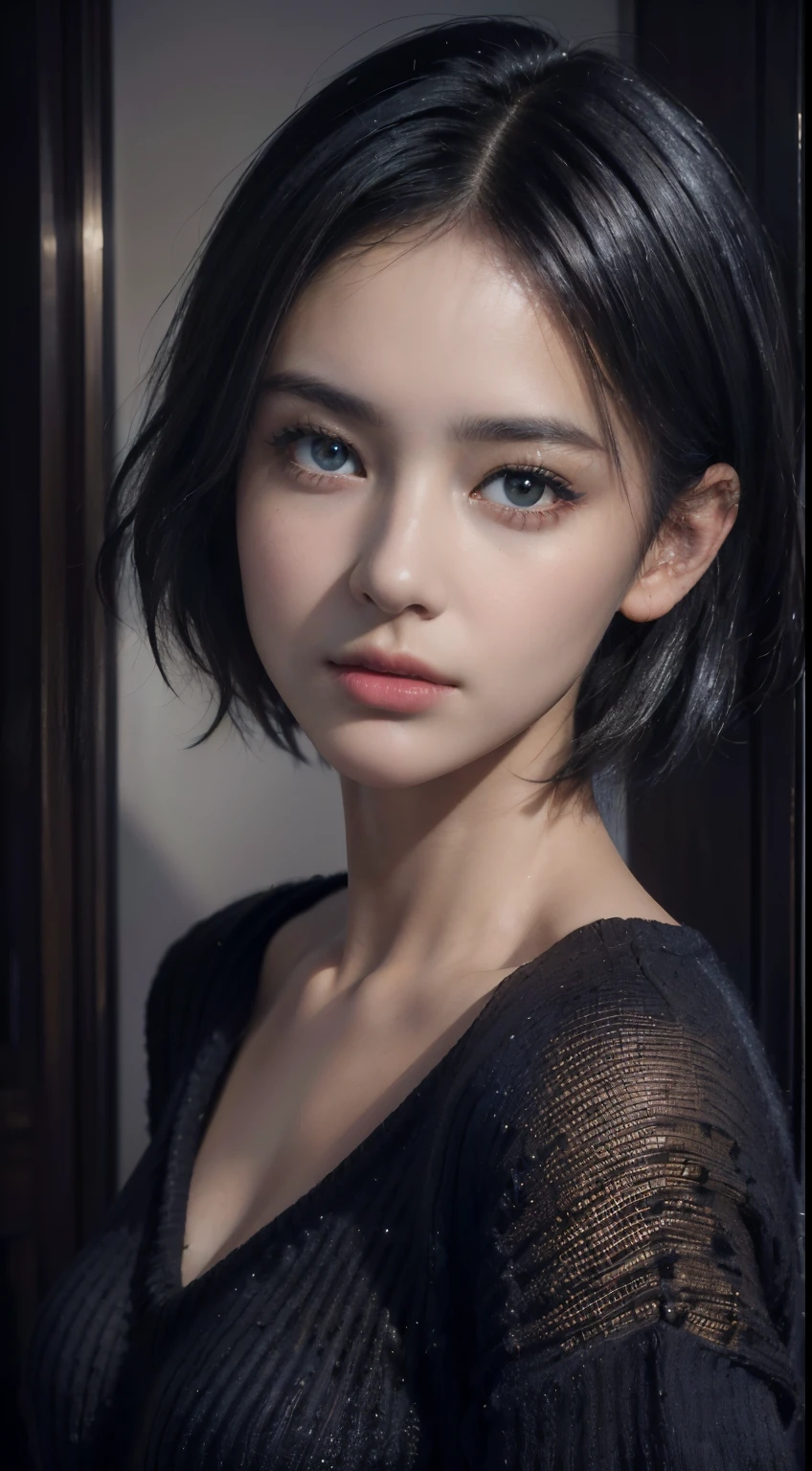 (masterpiece:1.3), (8k, photorealistic, RAW photo, best quality: 1.4), (1girl), beautiful face, (realistic face), (black hair, short hair:1.3), beautiful hairstyle, realistic eyes, beautiful detailed eyes, (realistic skin), beautiful skin, (navy blue sweater), absurdres, attractive, ultra high res, ultra realistic, highly detailed, golden ratio, dark, rim lighting