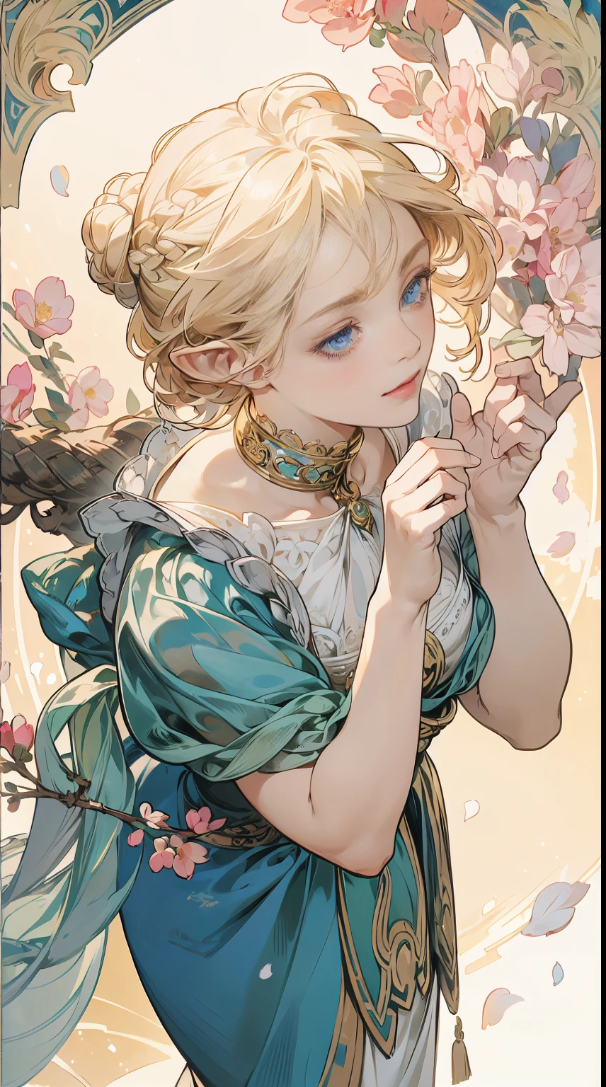 (masterpiece), best quality, ultra-detailed, illustration, detailed light, an extremely delicate and beautiful elf girl, deep blue eyes, light smile, (from front), (face focus), hands together, an aerial garden where flowers are in full bloom, petals dance, (nice hands), (perfect hands), (from above:1.2), (asymmetrical bangs:1.2), (artoria style Braid Bun), short hair, white blonde hair, (Bereast E-Cup:1.2), highly detailed face and eyes. By Alphonse mucha.