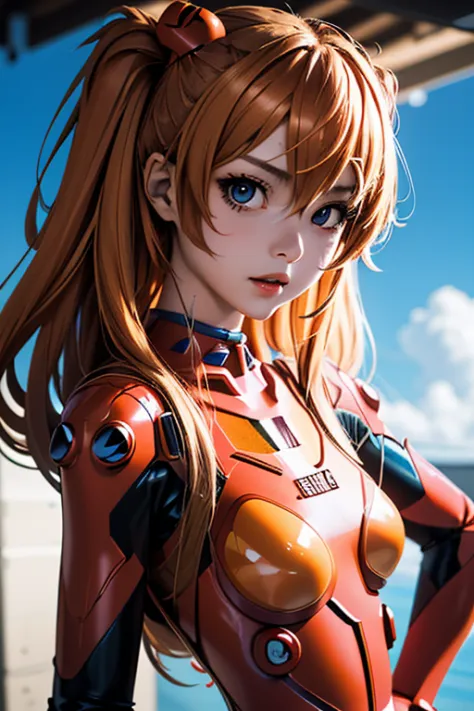 (masutepiece, Best Quality), 1girl in, Beautiful face,  Asuka Cosplay Costume, Cosplay, plugsuit, body suit, Hair Ornament,