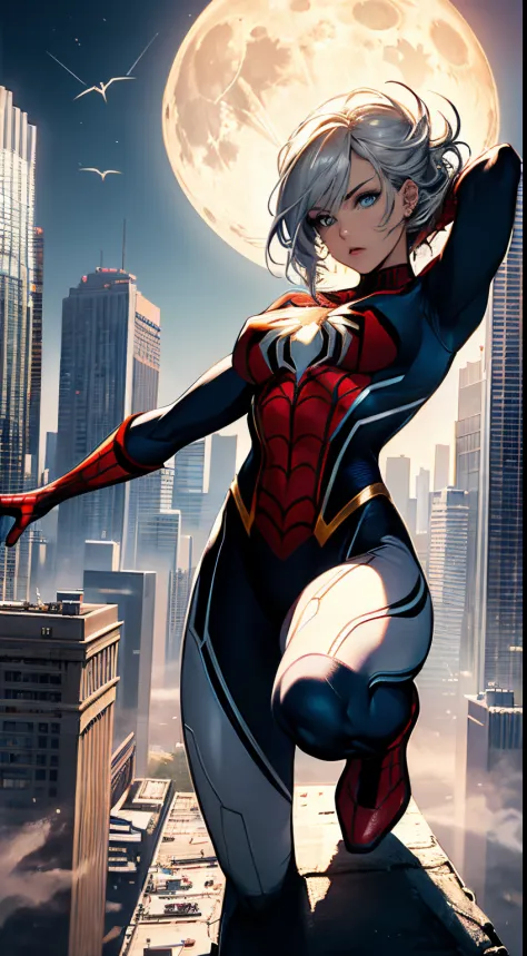 (masterpiece, 4k resolution, ultra-realistic, very detailed), (white superhero theme, charismatic, there's a girl on top of town...