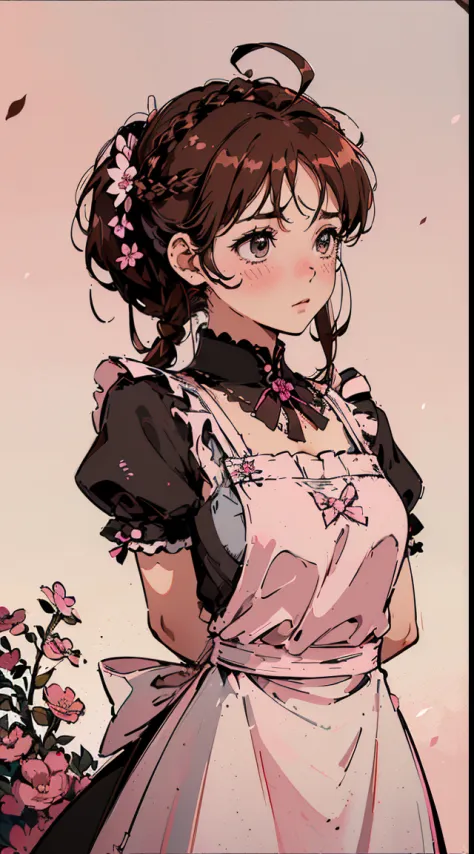 (((((((arms behind back,Blushing,cute cheeks,brown hair，gothic maid apron with flower))))))，((1girl,Solo,Amazing,Cute Korean mixed-race girl，rosto magro,))(Masterpiece,Best quality, offcial art, Beautiful and aesthetic:1.2),((HD,Golden ratio,)) (16k),((sak...